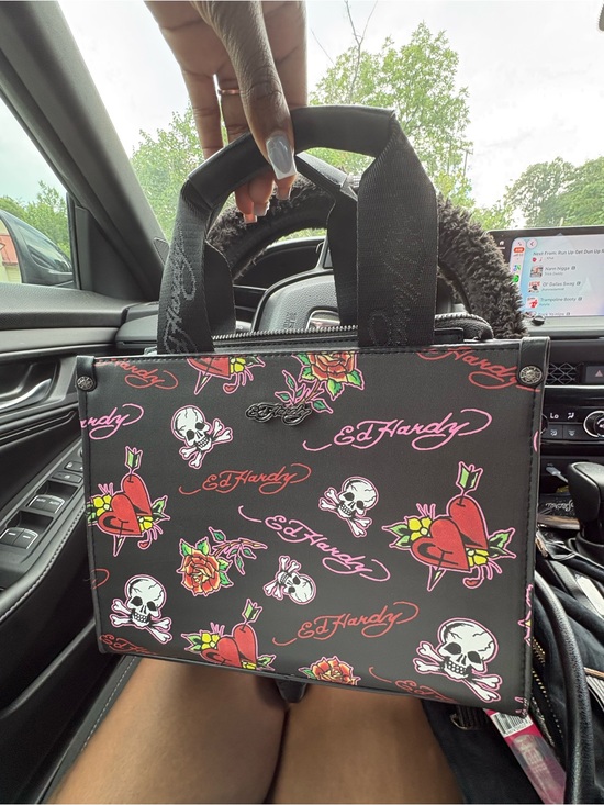 Ed Hardy Handbags - Ed Hardy Black Mini Tote with Pink & Red Tattoo Graphics